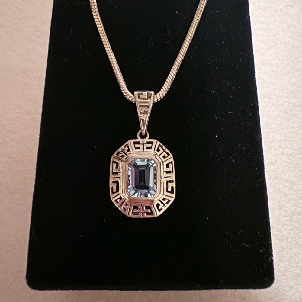 Sterling Silver Genuine Emerald-cut Faceted Blue Topaz Pendant - Picture 5 of 5